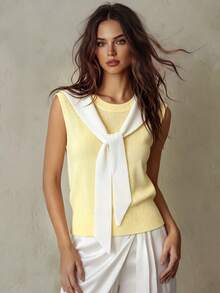 SHEIN Franclia 女士春夏多色设计外套，吊带上衣，米黄色上衣，多色设计上衣，时尚休闲优雅上衣，针织开衫，套头衫，日常穿着，婚礼，晚宴，日常通勤，毕业派对，节日活动，度假，约会，派对，万圣节，圣诞节，新年，感恩节，女士上衣 - 黃色 - 查看 2