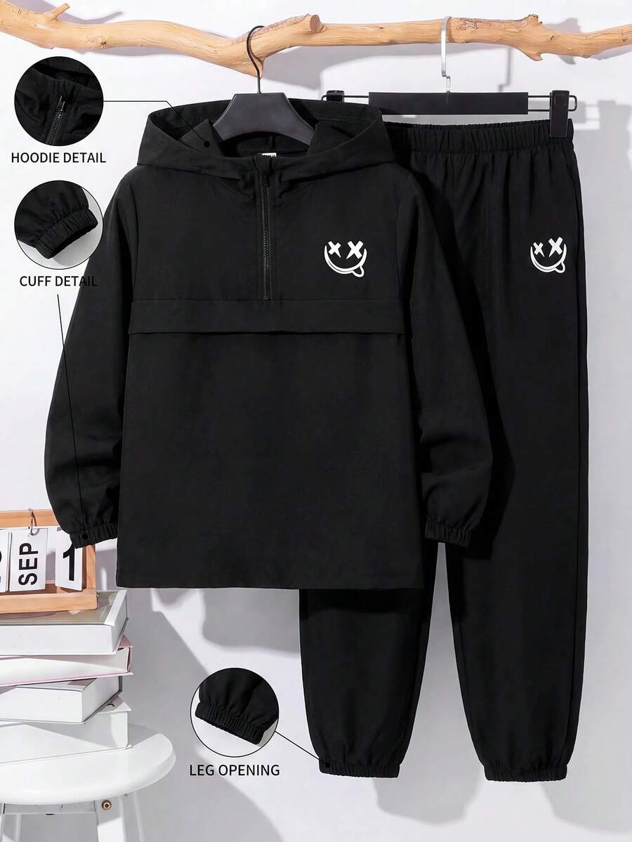 Tween Boy Half-Zip Hooded Jacket And Jogger Pants 2 Pieces Set, Casual Sports Style For Autumn/Winter - Multicolor - View 1