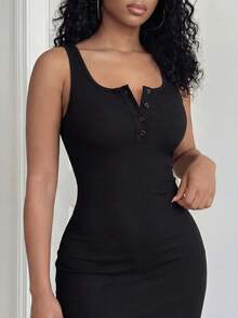 BamGleam Ladies' Solid Color Simple Daily Cami Dress Maxi Women Outfit Women Black Dress - Black - View 7