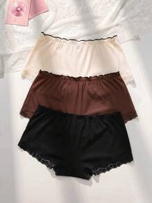 PetitDoll 3 Buah Celana Dalam Wanita Ukuran Besar Kasual dengan Pinggang Berkerut dan Hiasan Renda, Model Boyshort Bergaris - MultiWarna - View 3