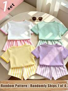Elladie kids (Random Pattern, 1 Set Random) Girls' Cherry Lemon Flower Strawberry Pale Yellow White Vertical Stripe Pattern Basic Short T-Shirt And Shorts - Multicolor - View 2