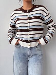 SHEIN BASICS 女款休閒針織開襟衫，美式復古條紋，夏季，街頭風，日常通勤校園，秋冬，畢業季，藍白條紋 - 彩色 - 查看 3