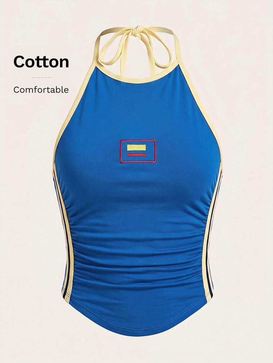 SHEIN ICON Bikercore 字母刺繡對比包邊掛脖夏季上衣 - 藍色 - 查看 1