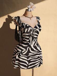 SHEIN ICON Women's Plus Size Zebra Print Tie-Up Ruffle Hem Dress - Apricot - View 1