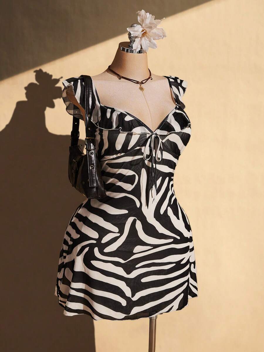 SHEIN ICON Women's Plus Size Zebra Print Tie-Up Ruffle Hem Dress - Apricot - View 1