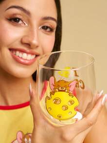 TOM & JERRY X SHEIN 卡通貓鼠印花高硼矽玻璃杯，24.35oz/720ml大容量保溫杯，起司圖案，可愛角色玻璃器皿，適合日常使用 - 無色 - 查看 2