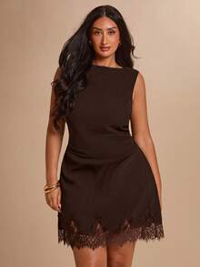 SHEIN BAE CURVE 大尺碼女款黑色蕾絲拼接無袖洋裝 - 棕色 - 查看 8