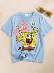 SpongeBob SquarePants | SHEIN 青少年男孩圆领短袖蓝色夏季舒适休闲可爱卡通图案T恤 - 白色 - 查看 1