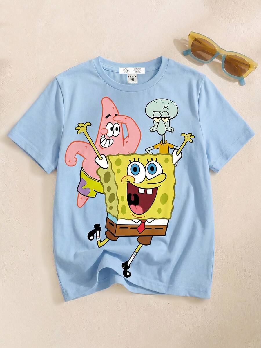 SpongeBob SquarePants | SHEIN 青少年男孩圆领短袖蓝色夏季舒适休闲可爱卡通图案T恤 - 白色 - 查看 1