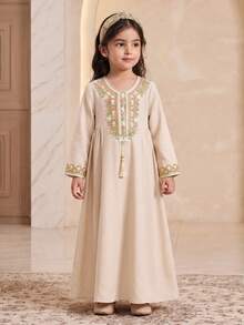 SHEIN Young Girl Woven Round Neck Patchwork Ribbon Loose Casual Dress, Young Girl Floral Young Girls Jalabiya, Elegant Vintage Floral Embroidered Print Midi Dress, Young Girl Casual Minimalist Traditional Long Sleeve Arabian Dress Suitable For Spring/Summer, Festival Style Matching Family Vacation, / Young Girl Elegant Modest Long Sleeve Dress, Prayer Abaya, Easy Comfort, Casual Wear, Vacay Vibes, Modest Kaftan, Young Girls Jalabiya, Girl Jalabiya, Apricot Dress, Mommy & Sisters & Me - Apricot - View 3