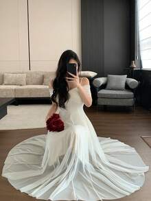 DAZY 純色收腰喇叭裙露肩優雅女裝洋裝 - 象牙白色 - 查看 8