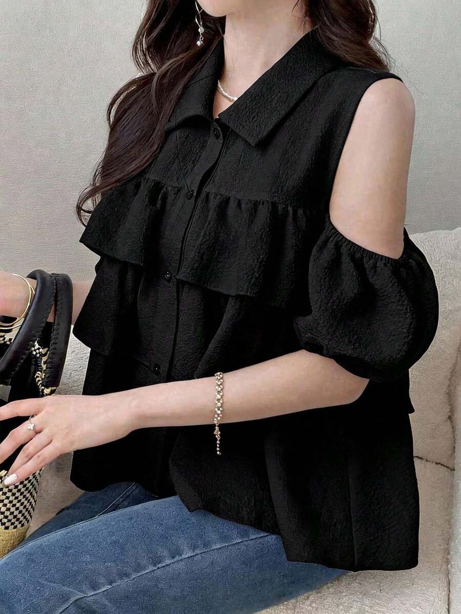 FRIFUL 女款夏季純色百褶層次荷葉邊露肩短袖寬鬆休閒百搭上衣 - 黑色 - 查看 1