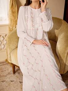 PalaceNights Court Style Small Stand Collar Heavy Embroidery Loose Long Sleeve Nightgown - White - View 3