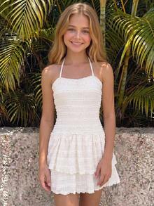 Kids Teen Girls Dresses Summer Casual Solid Color Textured Fabric, Multi-Layer Ruffle Hem, Suitable For Daily Commute, Date, Gathering, Vacation - Apricot - View 7