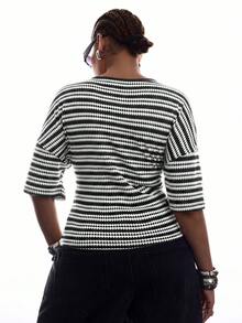 LYSMO Plus Size Women's Striped V-Neck Drop Shoulder Casual T-Shirt - Black and White - View 2