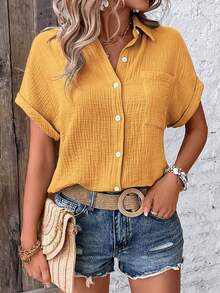 EMERY ROSE Summer Solid Color Single-Breasted Lapel Drop Shoulder Shirt Suitable For Daily Wear - Yellow - View 3