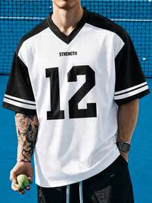 Gritte Field Men's Letter & Number Print Colorblock Casual Daily Basketball Short Sleeve Top - Multicolor - View 1