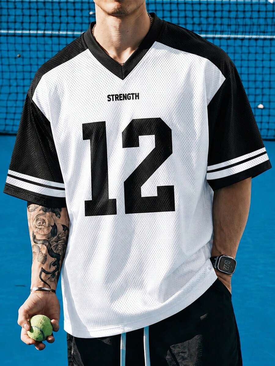 Gritte Field Men's Letter & Number Print Colorblock Casual Daily Basketball Short Sleeve Top - Multicolor - View 1