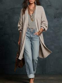 Freevana Women's Casual Soft Form Slouchy Stylelight Blue Color Open Front Long Sleeve Knit Cardigan-Loose Multi-Functional Sweater Autumn Formal Homewear - Apricot - View 2