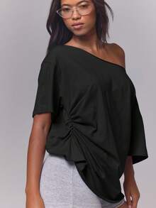 MUSERA Black Jersey Slouchy Off The Shoulder Raw Hem Cinched Gathered Waist Longline Oversized Tee - Black - View 2