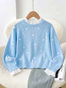 SHEIN 青少年女孩愛心刺繡鏤空拼接針織衫 - 藍色 - 查看 8