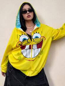 SpongeBob SquarePants | SHEIN 加大码卡通图案拉链连帽长袖卫衣 黄色拉链卫衣 印花卫衣 女款卫衣 可爱卫衣 黄色经典街头时尚可爱卡通表情印花宽松连帽卫衣 黄色卫衣 可爱卫衣 卡通卫衣 - 黃色 - 查看 1