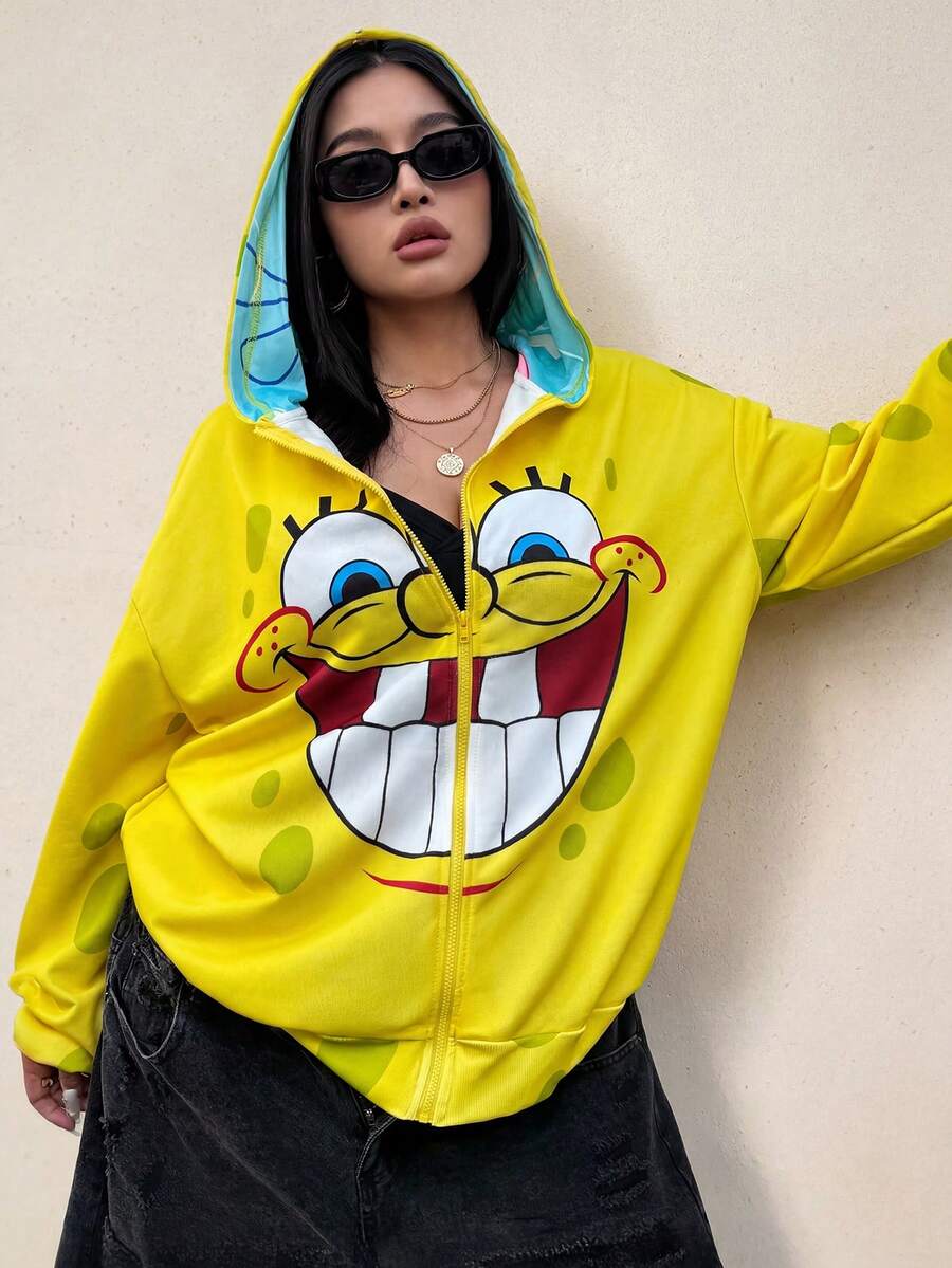 SpongeBob SquarePants | SHEIN 加大码卡通图案拉链连帽长袖卫衣 黄色拉链卫衣 印花卫衣 女款卫衣 可爱卫衣 黄色经典街头时尚可爱卡通表情印花宽松连帽卫衣 黄色卫衣 可爱卫衣 卡通卫衣 - 黃色 - 查看 1