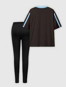 SHEIN Explorewe 女式休闲时尚创意数字 23 和标语图案印花短袖上衣和紧身打底裤 2 件套，街头运动风格 - 彩色 - 查看 2