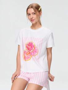 Bonmuse Women's Pink Striped Grapefruit Short Sleeve T-Shirt And Shorts Pajama Set - Red - View 1