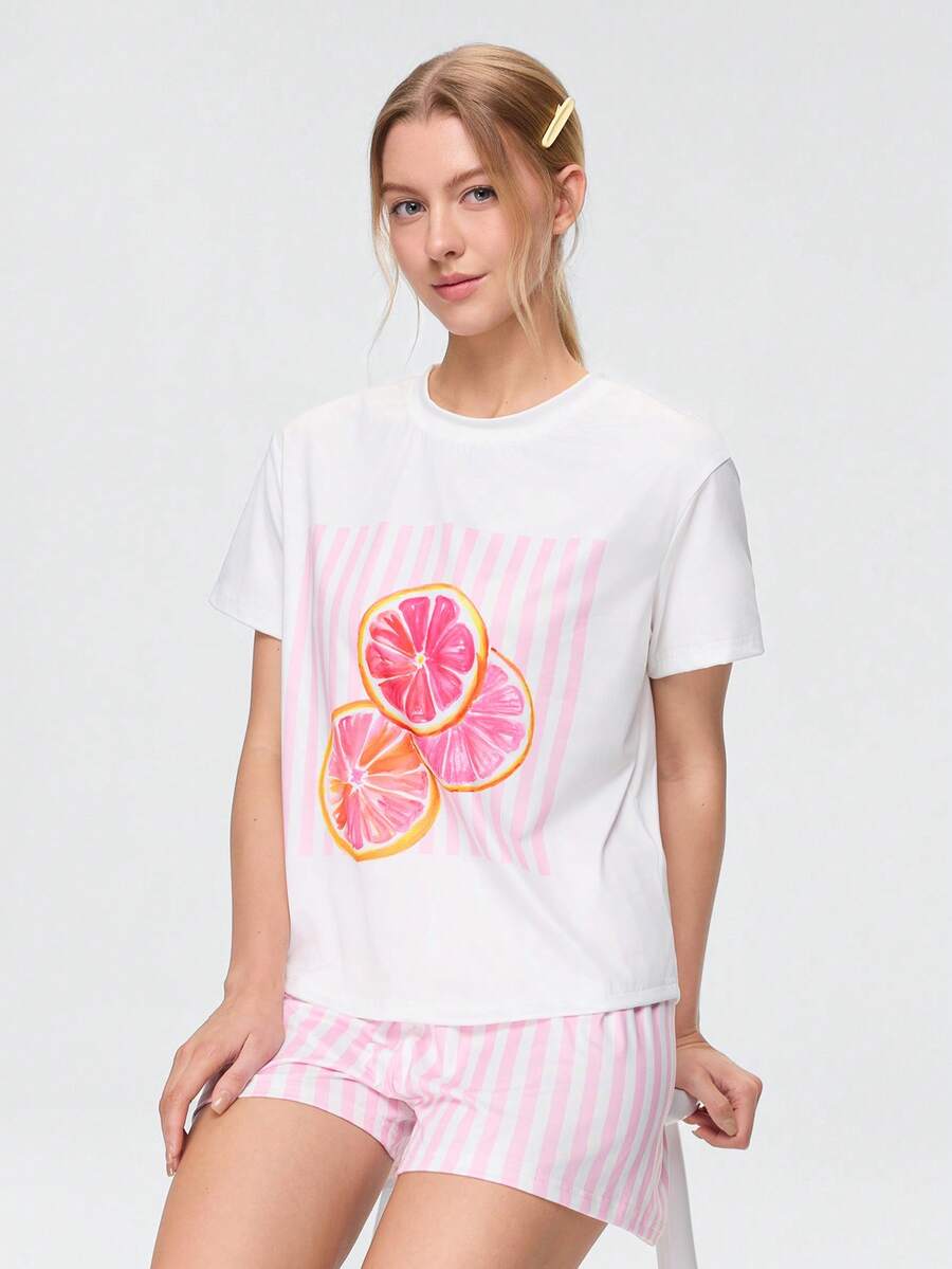 Bonmuse Women's Pink Striped Grapefruit Short Sleeve T-Shirt And Shorts Pajama Set - Red - View 1