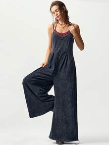 Bohemela Casual Knit Spaghetti Strap Wide Leg Women's Jumpsuit Vacation Dark Green Summer - Black - View 2