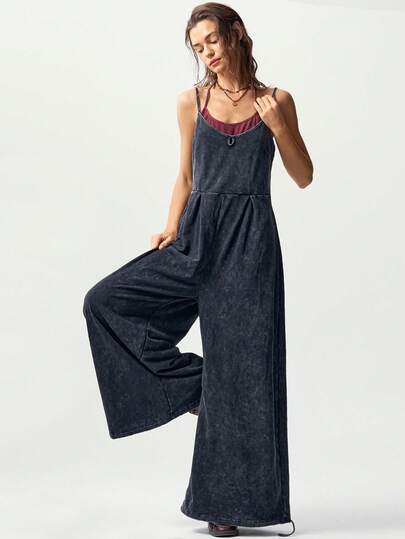 Bohemela Mono de mujer de punto casual con tirantes finos y pernera ancha