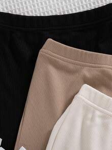 SHEIN Vintaside Kids 3件套女嬰夏季服飾 回校季 6個月-3歲 休閒極簡風 白色 黑色 棕色 羅紋紋理 蝴蝶結 波浪邊 鬆緊腰彈性短褲 舒適柔軟 通勤適宜 春夏出遊 禮物首選 - 彩色 - 查看 6