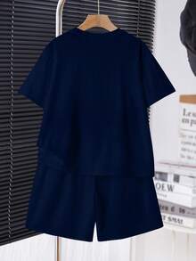 青少年男孩休閒簡約短袖圓領T恤與短褲套裝，適合夏季 - 彩色 - 查看 3