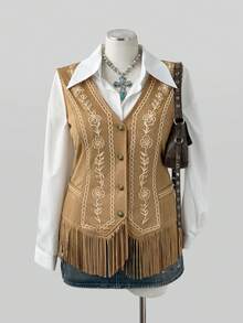 Sunspun Plus Size Western Vintage Print Fringe Suede Vest V-Neck Sleeveless Waist-Cinching Denim Style Jacket - Brown - View 1