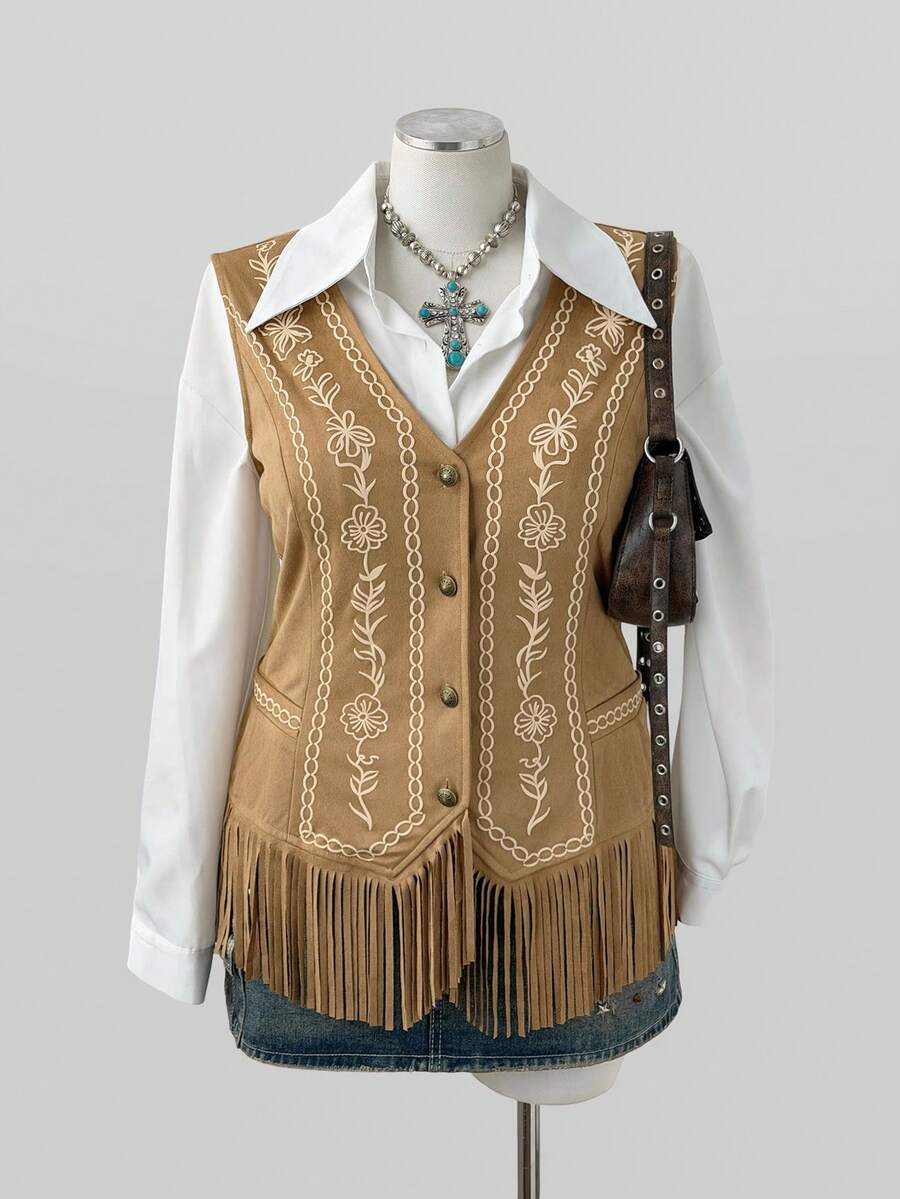 Sunspun Plus Size Western Vintage Print Fringe Suede Vest V-Neck Sleeveless Waist-Cinching Denim Style Jacket - Brown - View 1