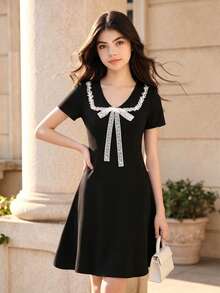 Teen Girl Black Lace Bow Decor Short Sleeve Formal Dress Birthday Sweet 16 Summer Elegant - Black - View 1