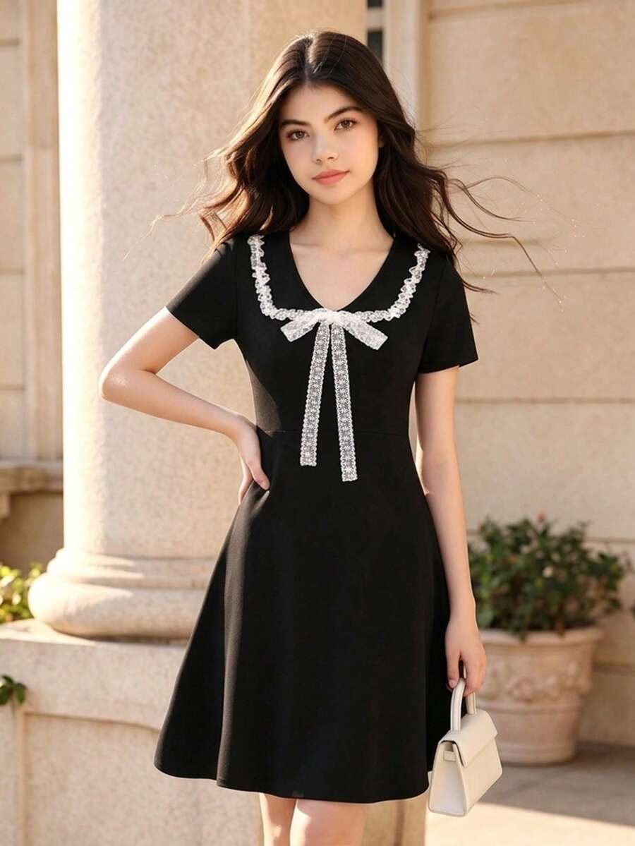 Teen Girl Black Lace Bow Decor Short Sleeve Formal Dress Birthday Sweet 16 Summer Elegant - Black - View 1