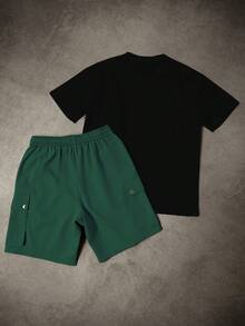 Manfinity Homme Conjunto casual diario de camiseta de manga corta con bloques de color y pantalones cortos con cintura con cordón para hombre - Multicolor - Ver 2