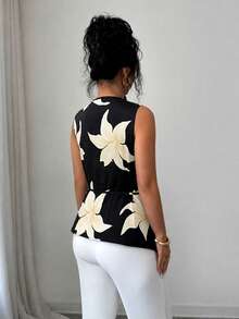 Elenzga Plus Size Women's Spring/Summer Elegant Commuter Black Base Large Floral Ruffle Collar Sleeveless Side Cinched Waist-Up Fitted Waist Slimming Asymmetrical Hem Top - Black - View 2
