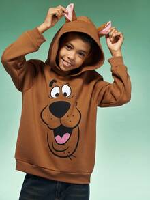 SCOOBY-DOO X SHEIN Tween Boy Cartoon Dog 3D Ear Design Loose Fit Warm Fleece Sweatshirt, Autumn/Winter - Brown - View 4