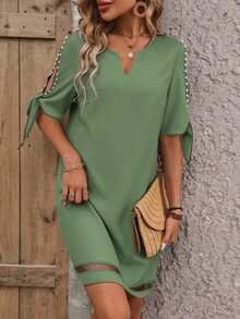 EMERY ROSE Women's Elegant Vacation Style Minimalist Solid Color Notched Neck Split Sleeve Faux Pearl Decor Mesh Splice Dress, Summer - Pastel Green - View 4