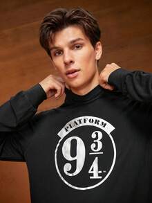 HARRY POTTER X SHEIN Men's Casual Slim Fit Knit "9 3/4" Classic Platform Print Turtleneck Long Sleeve T-Shirt Set (2 Colors) - Black - View 4