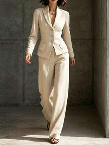SHEIN Women's Fitted Minimalist Business Suit 2 Pieces Set - Khaki - View 3
