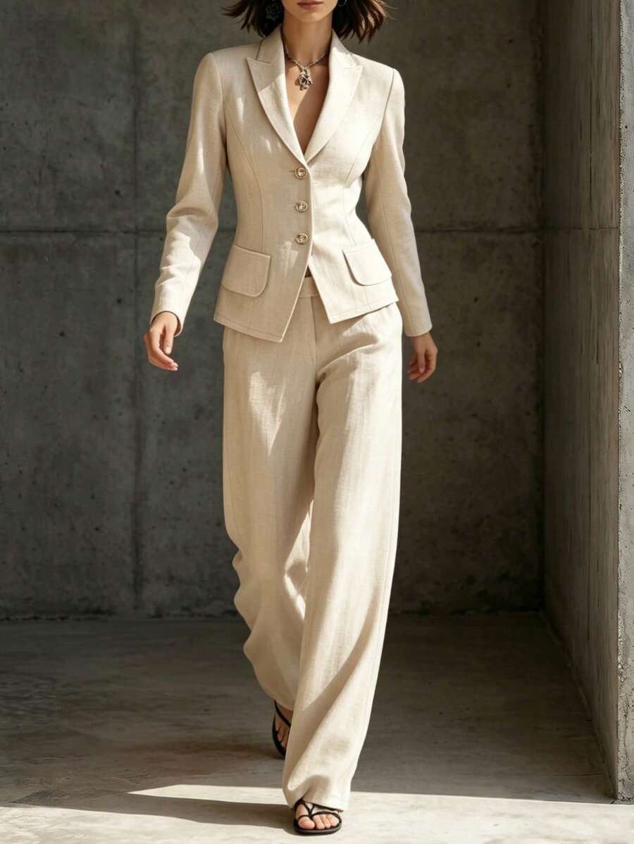 SHEIN Women's Fitted Minimalist Casual Elegant Business Suit 2 Pieces Set Office Beige - Khaki - View 1