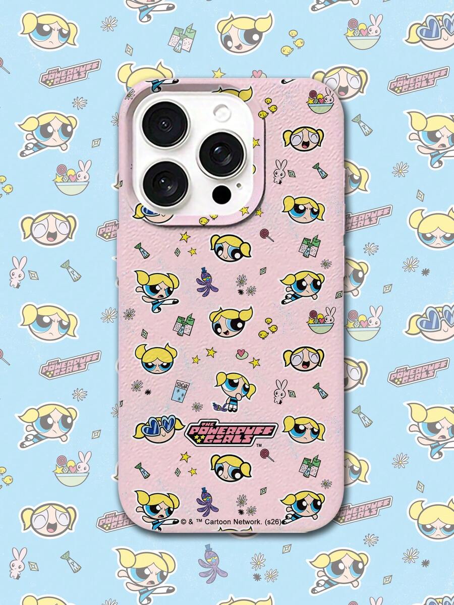 THE POWERPUFF GIRLS X SHEIN THE POWERPUFF GIRLS 動感女孩系列 花朵泡泡皮革紋理手機殼 防震防摔 全方位保護套 適用 iPhone 17 Pro Max 16 15 14 13 12 Pro Max Plus Y2K 復古可愛女孩風 高顏值高品質手機殼 - 彩色 - 查看 1