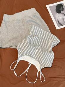 Franclia Plus Size Striped Button Contrast Color 2 In 1 Camisole And Shorts Set - Grey - View 3