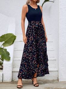 INAWLY Ditsy Floral Print Ruffle Trim Asymmetrical Hem Belted Dress - Multicolor - View 4