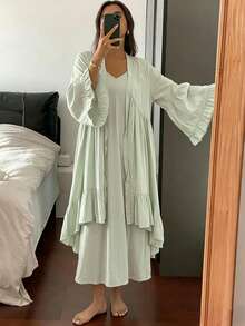 Livesso 2件組女款長版開襟衫與洋裝睡衣套裝，荷葉邊飾，春夏睡衣套裝 - 綠色 - 查看 4