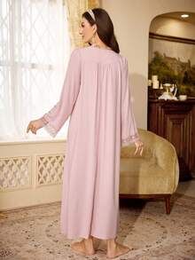PalaceNights Court Style Loose Square Neck Embroidered Lace Maternity Long Nightgown - Dusty Pink - View 2